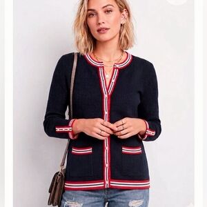 Talbots Navy Textured Knit Cardigan Red White Trim Preppy Classic